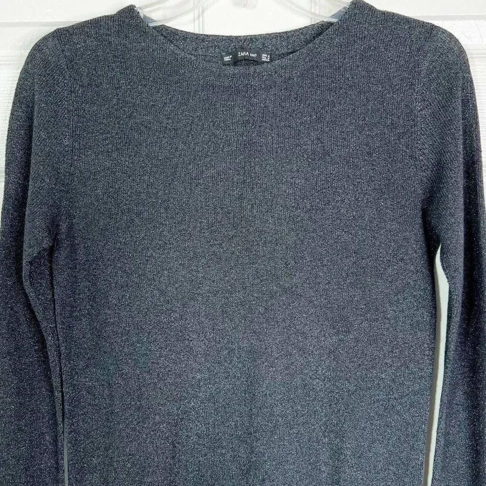 Zara Womens Black Metallic Crew Neck Pullover Asymmetrical Knit Sweater Sz M - Picture 4 of 9